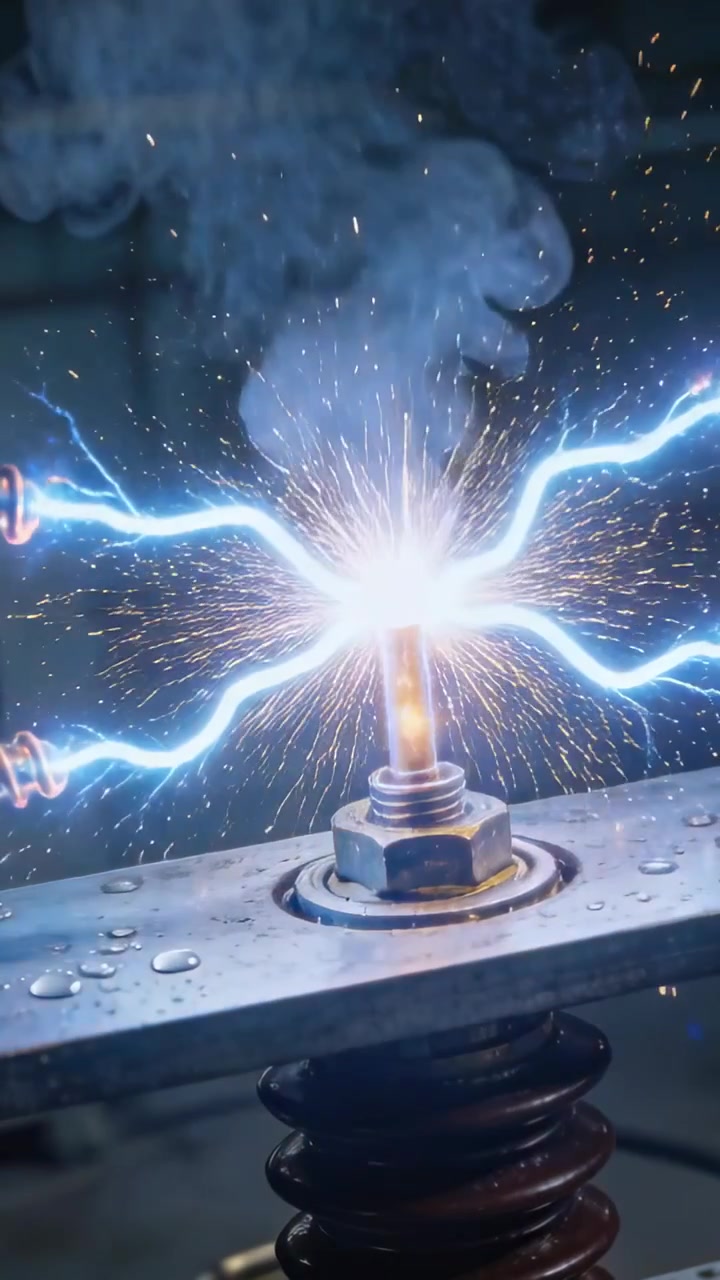 Vertical video: Arcing threaded metal stud producing blue arcs at test bay with voltage rising