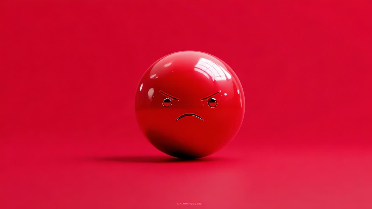 A glossy red ball with an angry expression on a vibrant red background, showcasing a contrasting combination of colors that adds depth to the emotional portrayal in this striking image