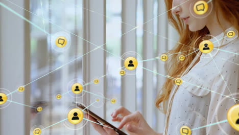 using smartphone, woman connected to social network animation with yellow icons