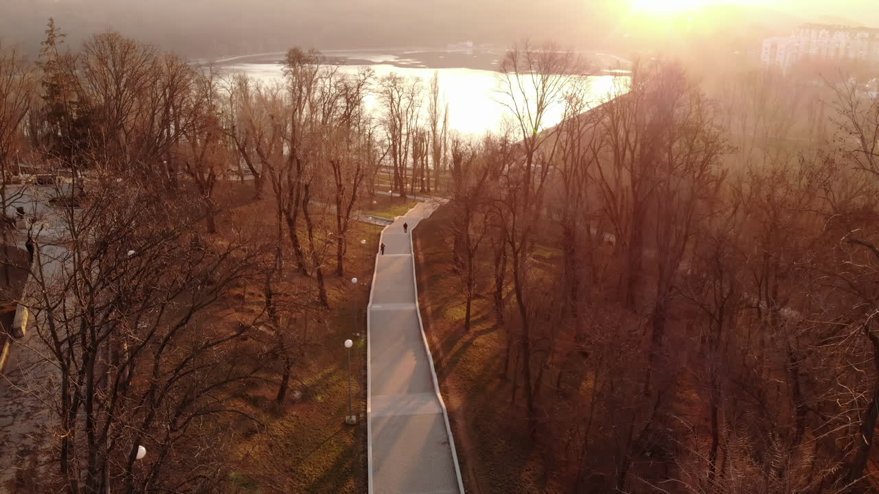 Aerial drone view of the city of Valea Morilor Park in Chisinau, Moldova with dried up trees