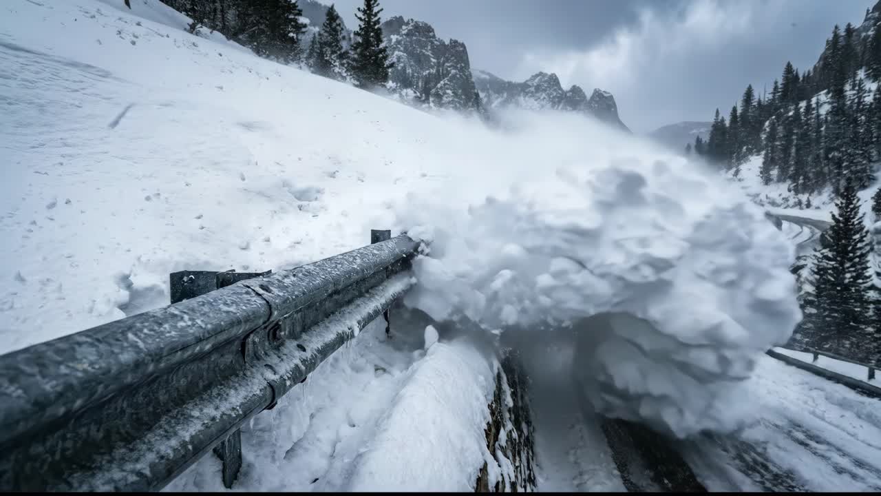 Powerful Snow Avalanche Cascading Down a Snowy Mountain Road
