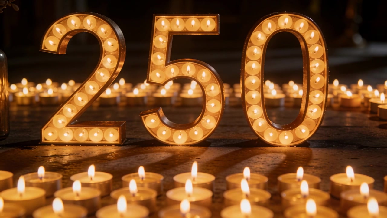 Telecamera in panoramica che rivela un numero 250 luminoso con lumini su un tavolo scuro, proiettando un bagliore caldo.