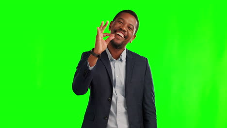 Business-man,-hand-and-ok-sign-on-a-green-screen