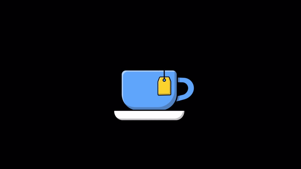 Tazza da tè blu animata con etichetta della bustina di tè che galleggia.