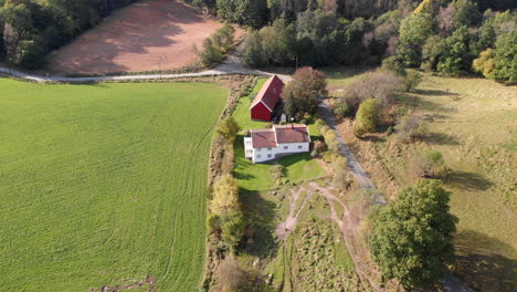 aerial view of swedish countryside landscape with rural house by open field, day