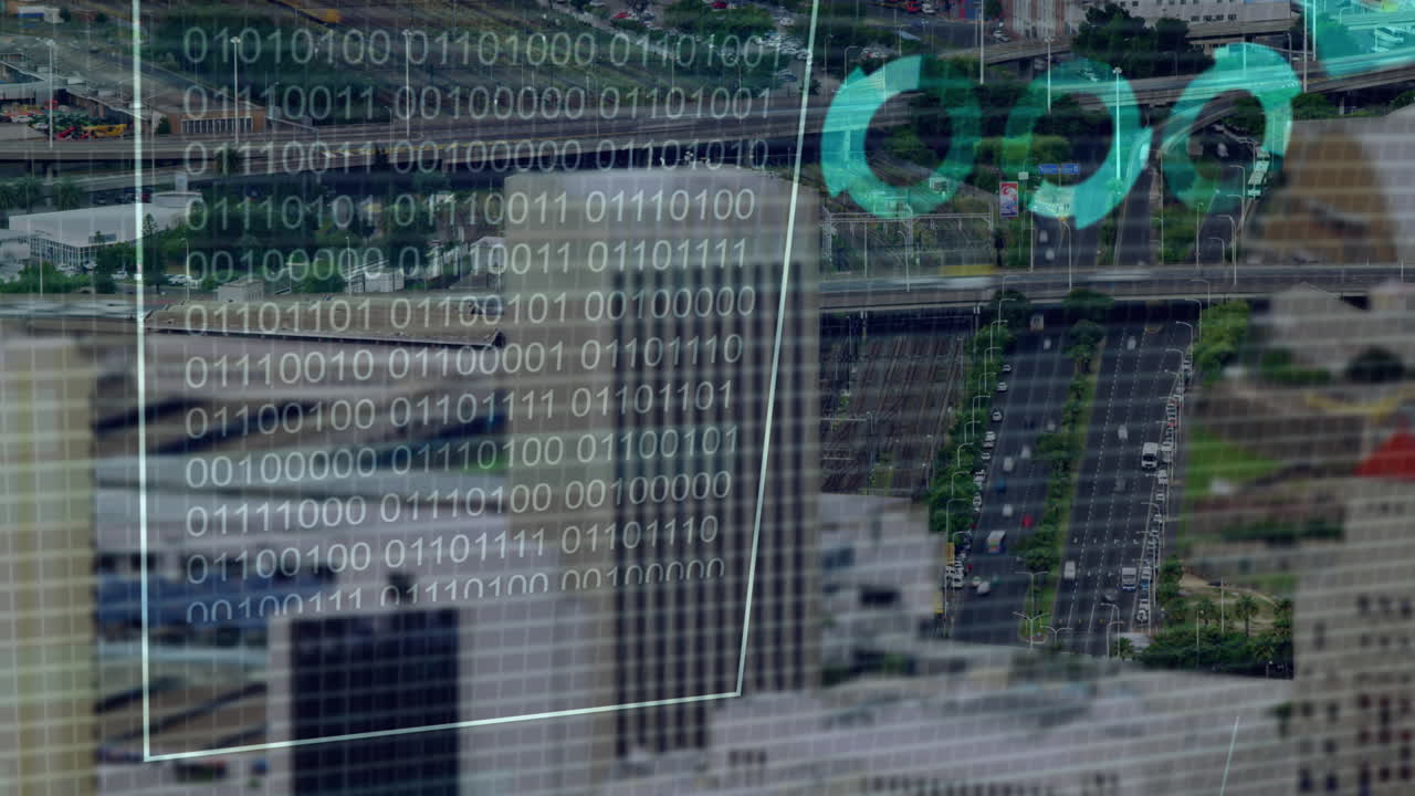 Animation of financial data processing over cityscape