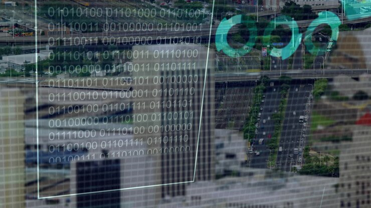 Animation of financial data processing over cityscape