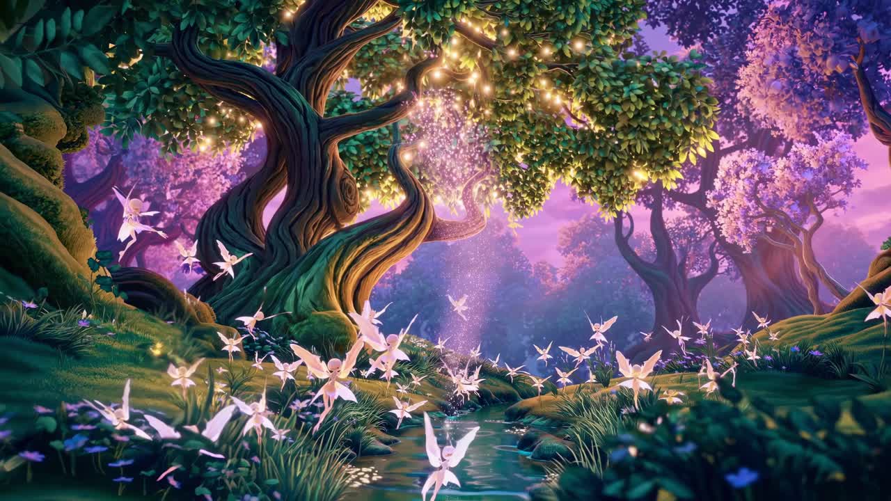 Enchanted forest scene with glowing trees and fluttering fairies, showcasing magical ambiance and vibrant colors in a captivating natural setting
