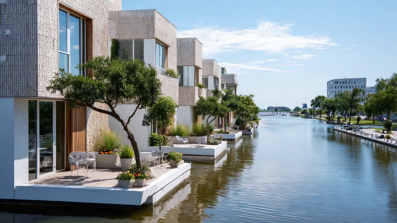 Doğayla design’ın uyumlu bir karışımını yansıtan, yeşilliklerle çevrili sakin bir kanal boyunca çağdaş evlerin bulunduğu modern sahil mimarisi