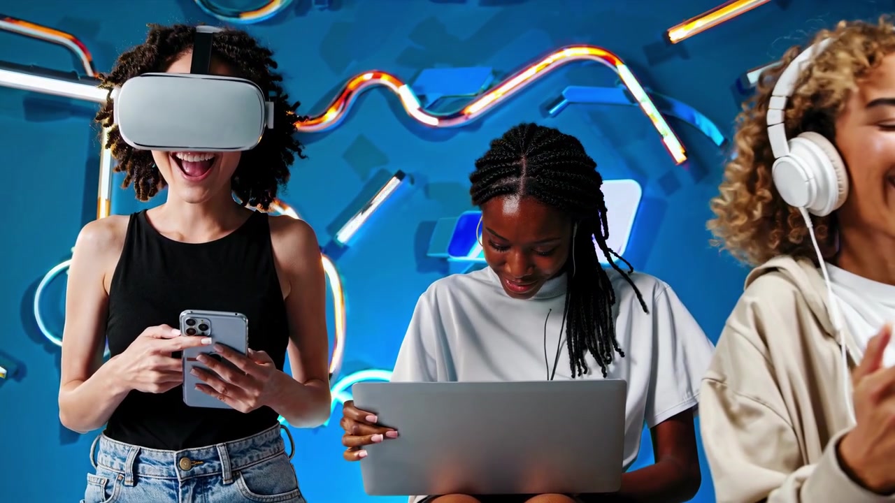 Různorodá skupina mladých žen používající technologie a virtuální realitu