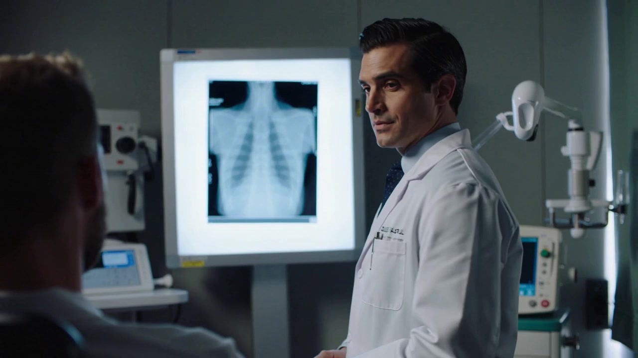 Spotting chest shadow on Xray, pointing doctor in lab coat explaining results to patient at clinic