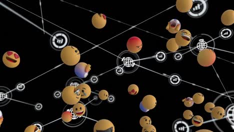 Animation-of-network-connections-with-globe,-statistics-icons-and-emoticons