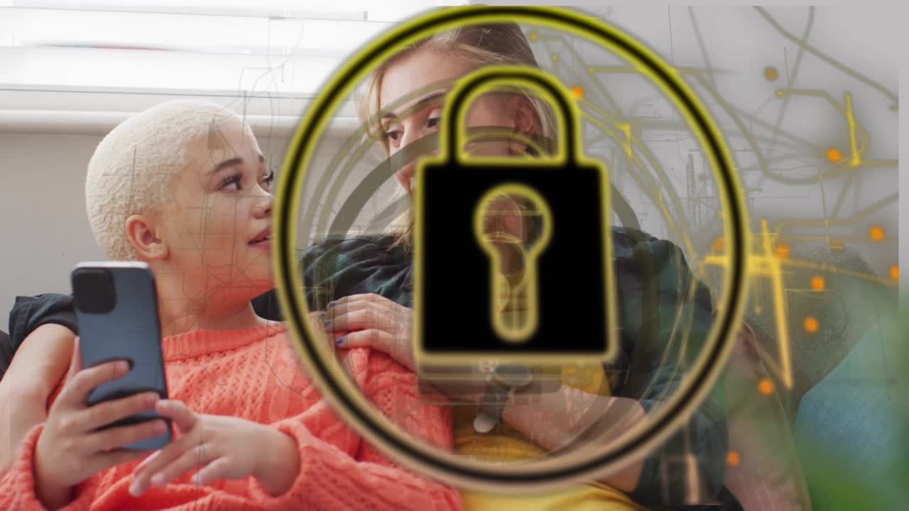 Woman holding smartphone starting security animation with circular HUD and padlock icon over couple