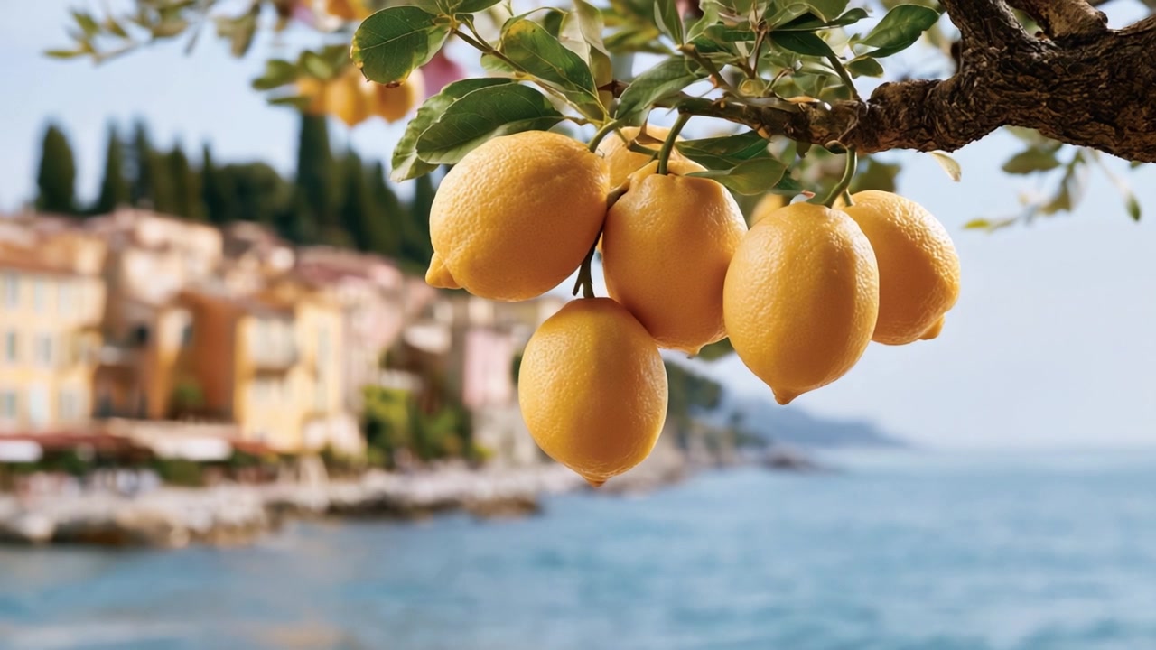 Arka planda renkli binaların olduğu sakin bir kıyı manzarasını gören bir ağaç dalında asılı canlı limon meyvesi, güneşli bir Akdeniz gününün özünü yakalıyor