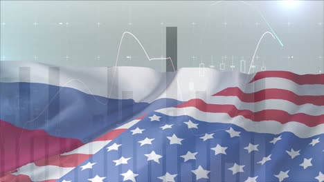 animation of financial data processing over flag of russia and united states of america