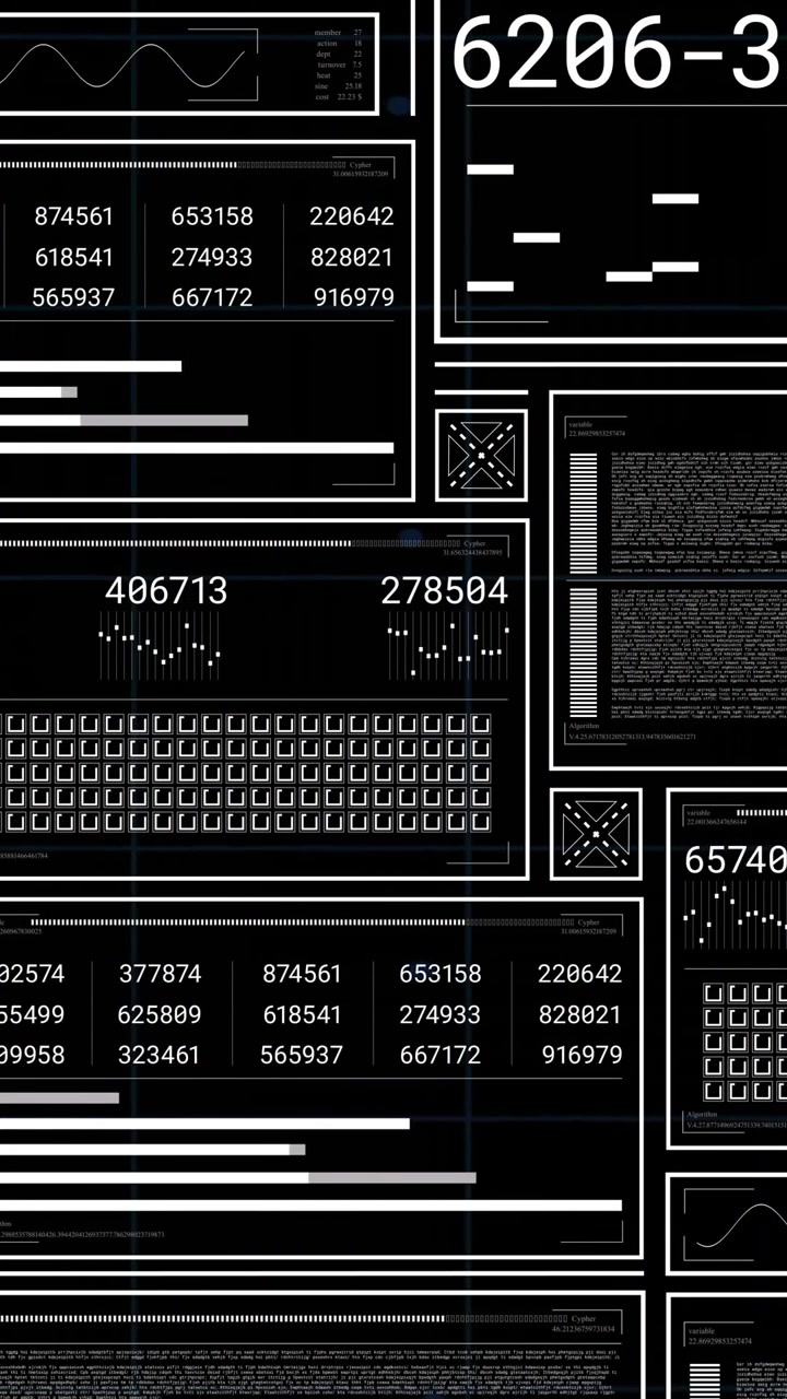Displaying digital data panels with numbers, graphs, and charts, black background