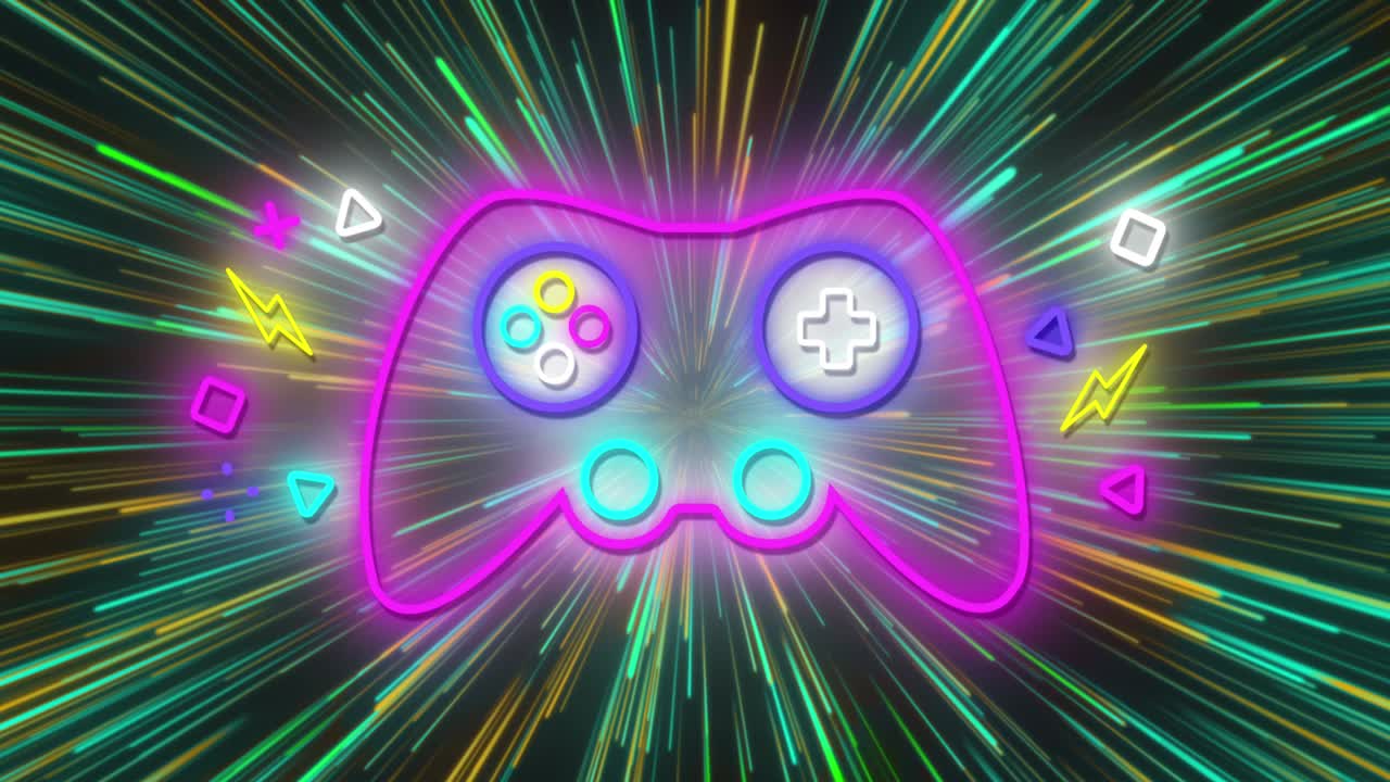 활기찬 네온 배경에서  ⁇ 박이는 네온 게임 제어 패드의 애니메이션