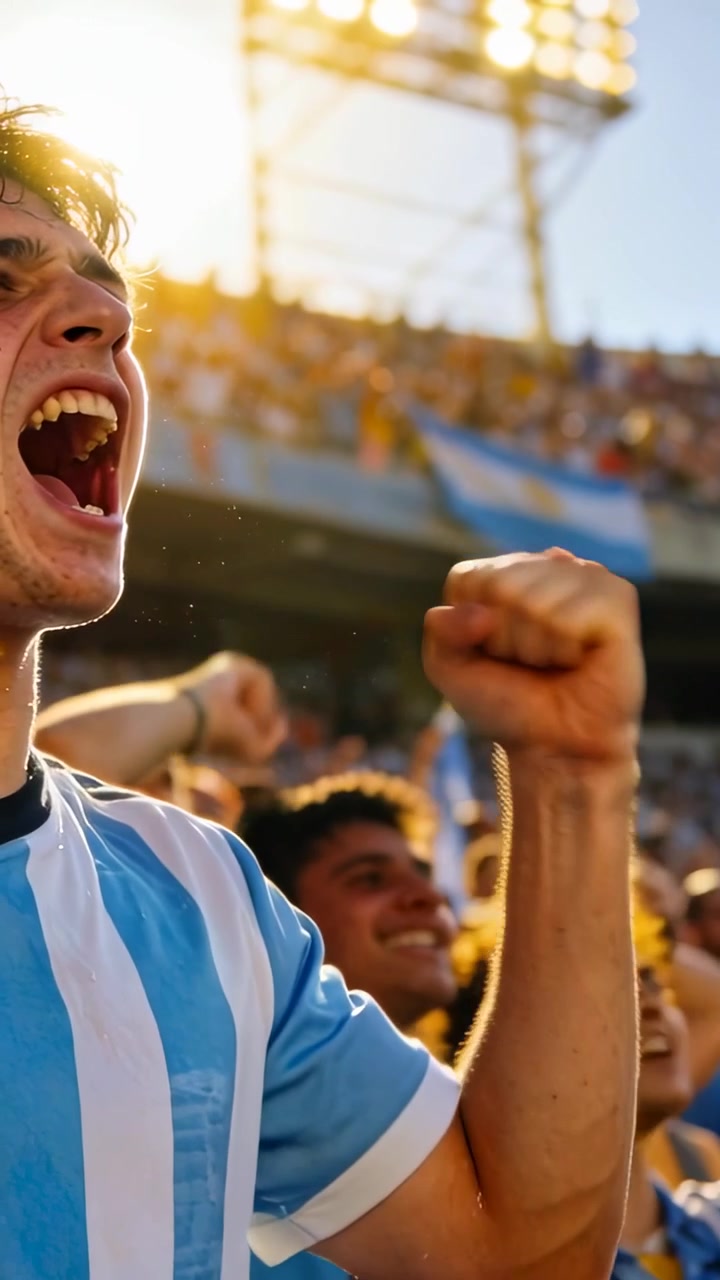 Video vertical: Aficionado animando con camiseta después de un gol, levantando el puño en las gradas con la bandera de Argentina, espacio para texto