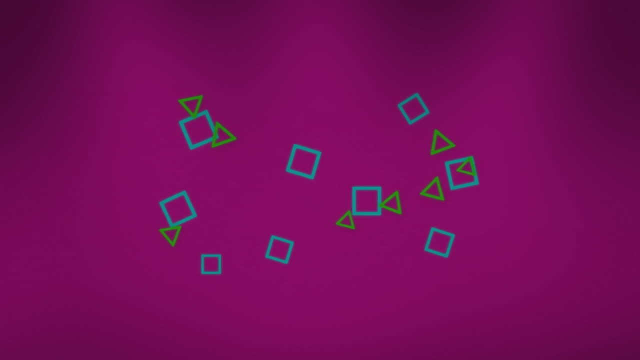 Animation of green and blue shapes moving on purple background