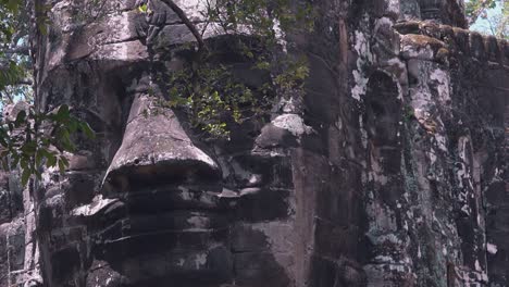 zoom out from large stone face in the jungle of angkor wat