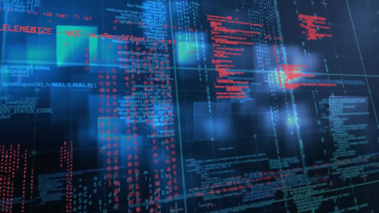 Digital animation of data processing over multiple square shapes against blue background