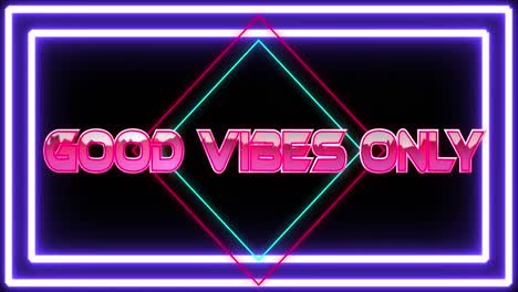 animation of good vibes only text in pink metallic letters over diamonds and neon purple frame