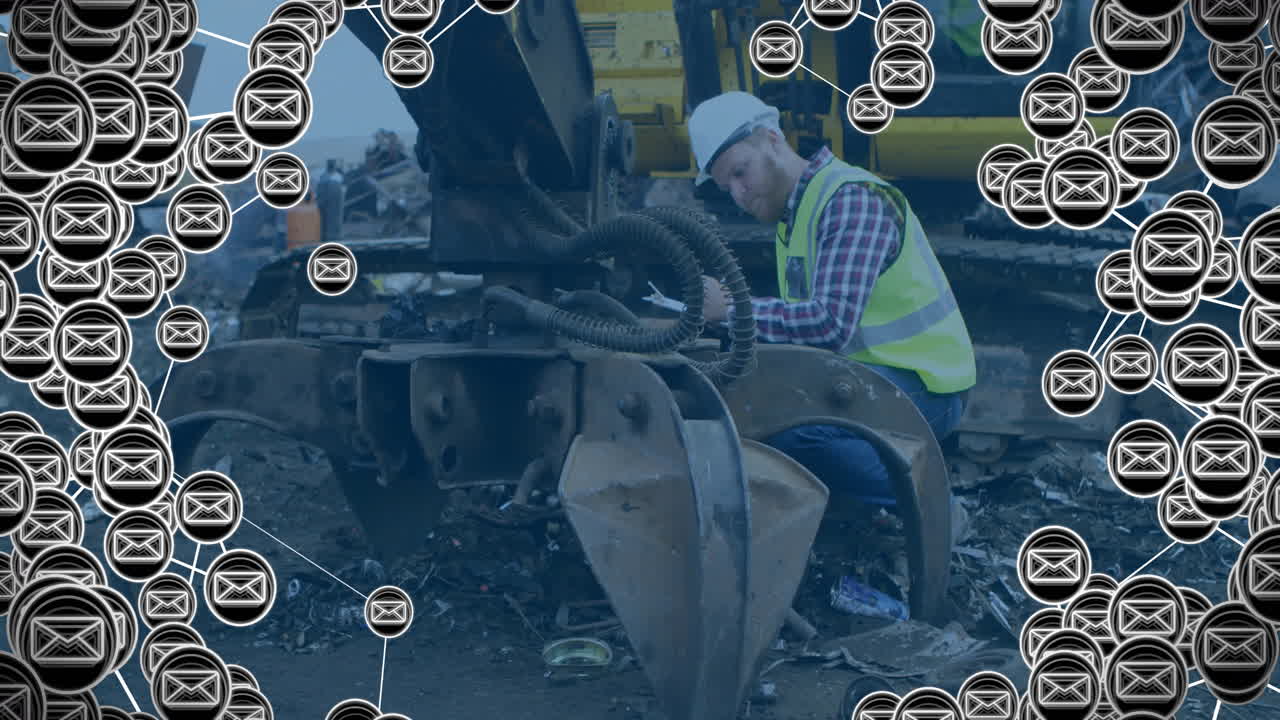 Animation of envelope icons over caucasian male worker at building site