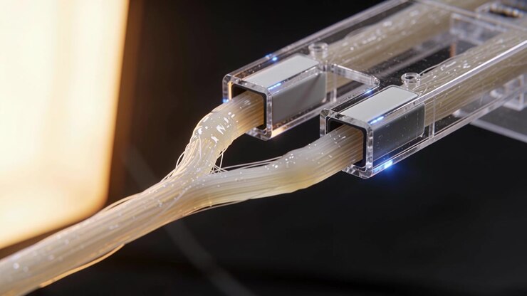 Advancing housings pulling pale glossy filaments on lab bench, with steady blue LEDs showing feed