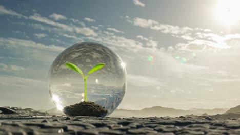 exploration of a new world with a tiny plant thriving in an environmental dome on an alien landscape
