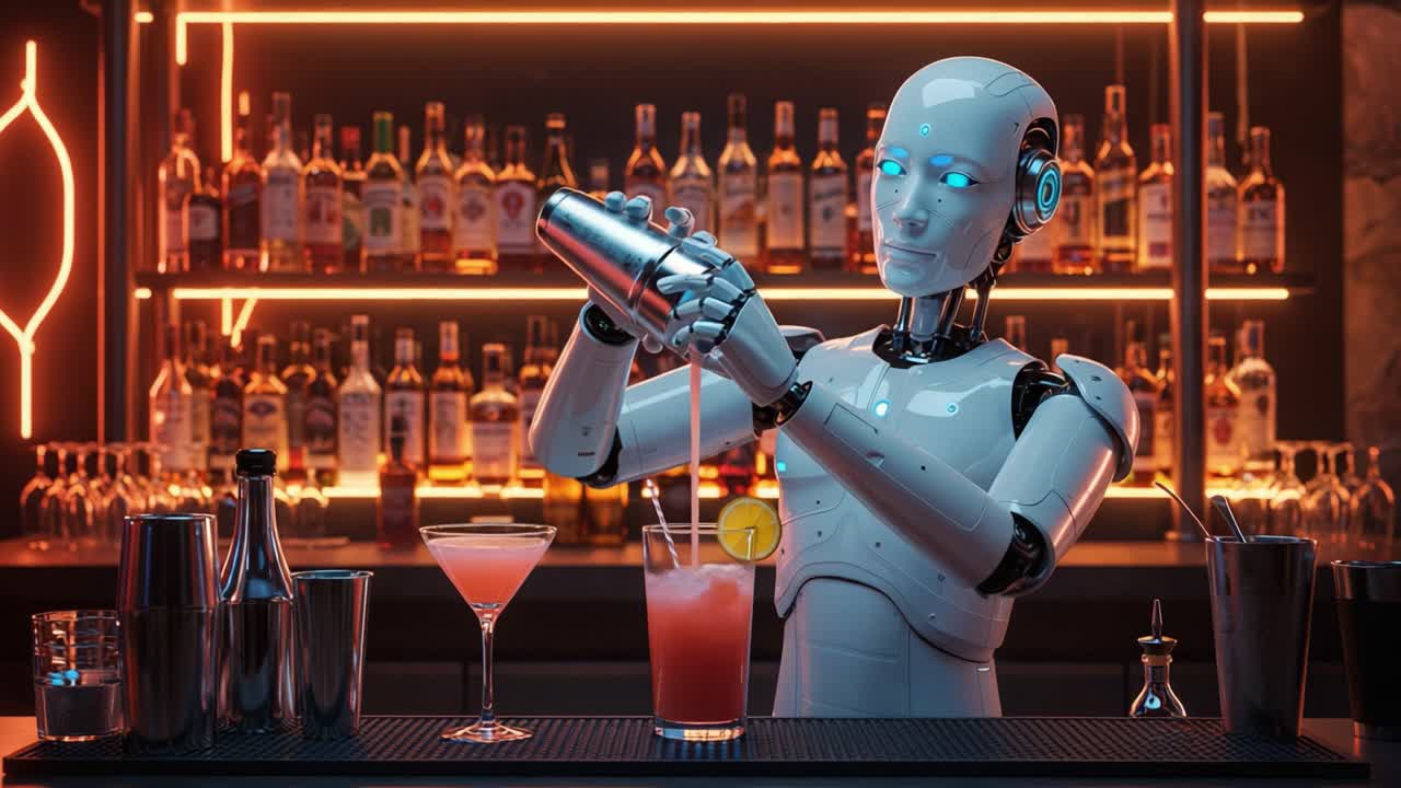 A Futuristic Bartender: A Robotic Mixologist Skillfully Prepares Colorful Cocktails in a Modern Bar Setting, Showcasing High-Tech Beverage Crafting