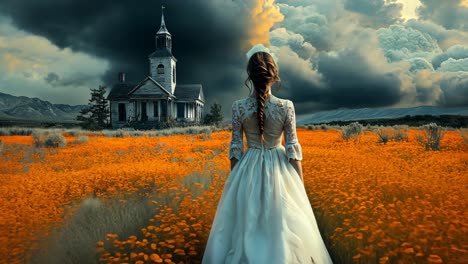 woman in a white dress walks through an orange flower field near a church