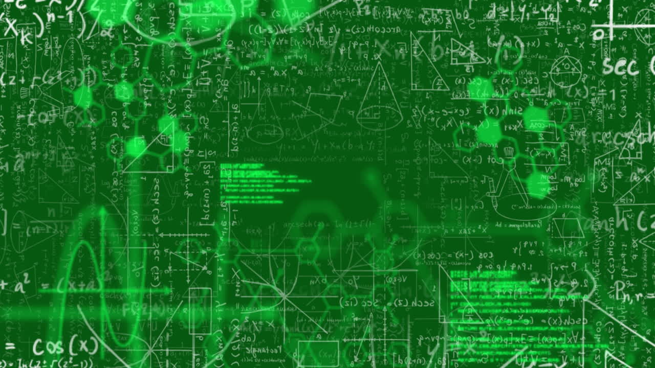 Animation of scientific data processing over mathematical equations on green background
