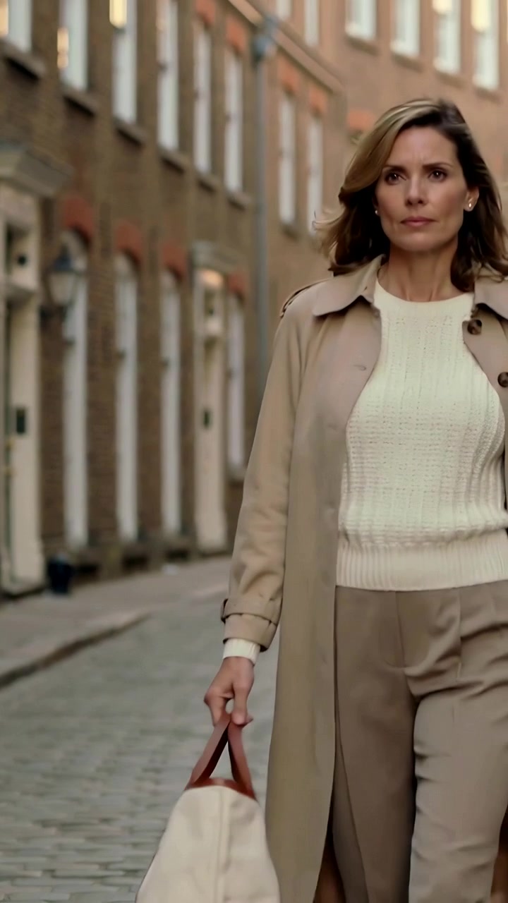 Video verticale: Donna che cammina in trench mentre va al lavoro, con la telecamera che si avvicina a una strada acciottolata, con una borsa tote