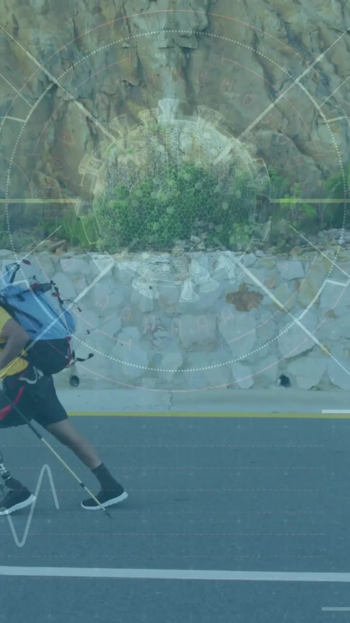 Animation of digital screen over african american man with prosthetic legs training on road