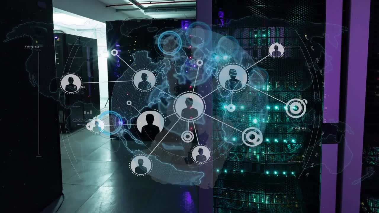 Animation of globe with network of connections and data processing