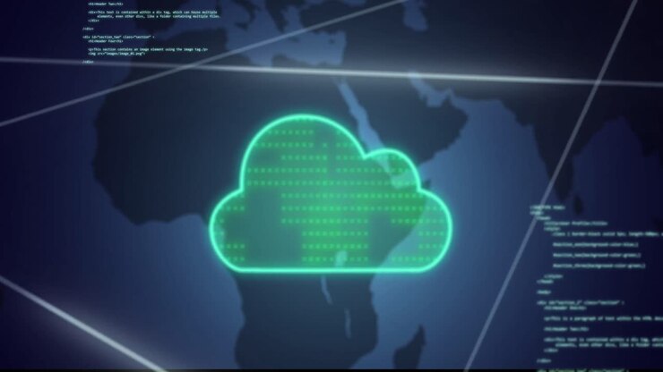 Animation of cloud icon with data processing over world map