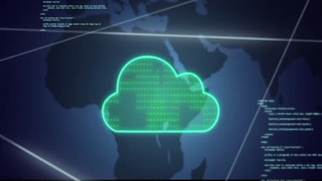 animación del icono de la nube con procesamiento de datos sobre el mapa del mundo.
