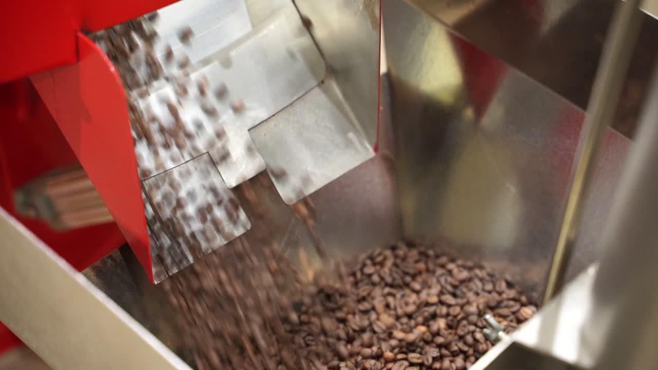 Industrial machine pouring roasted coffee beans in storage unit, handheld view