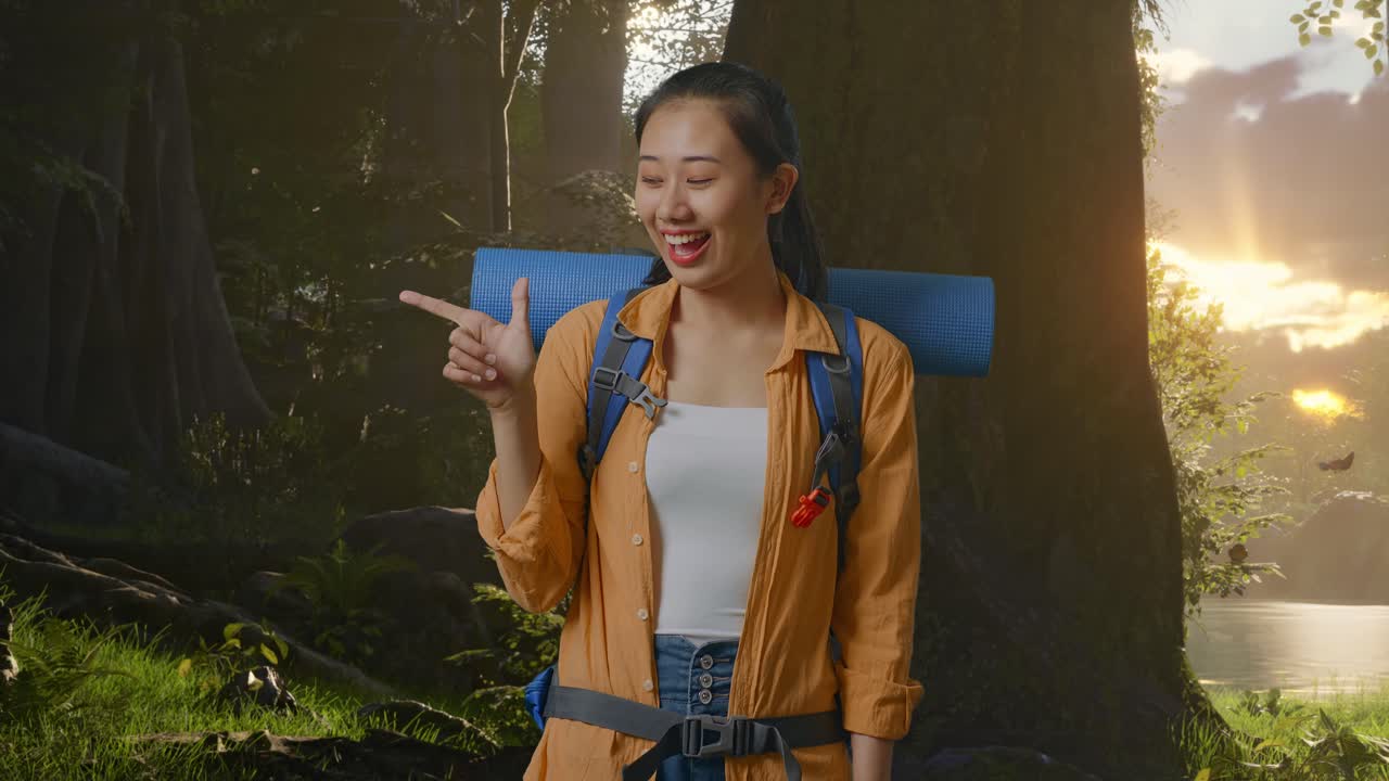 Pendaki Wanita Asia dengan Ransel Gunung Tersenyum dan Menunjuk ke Samping Saat Menjelajahi Alam Hutan