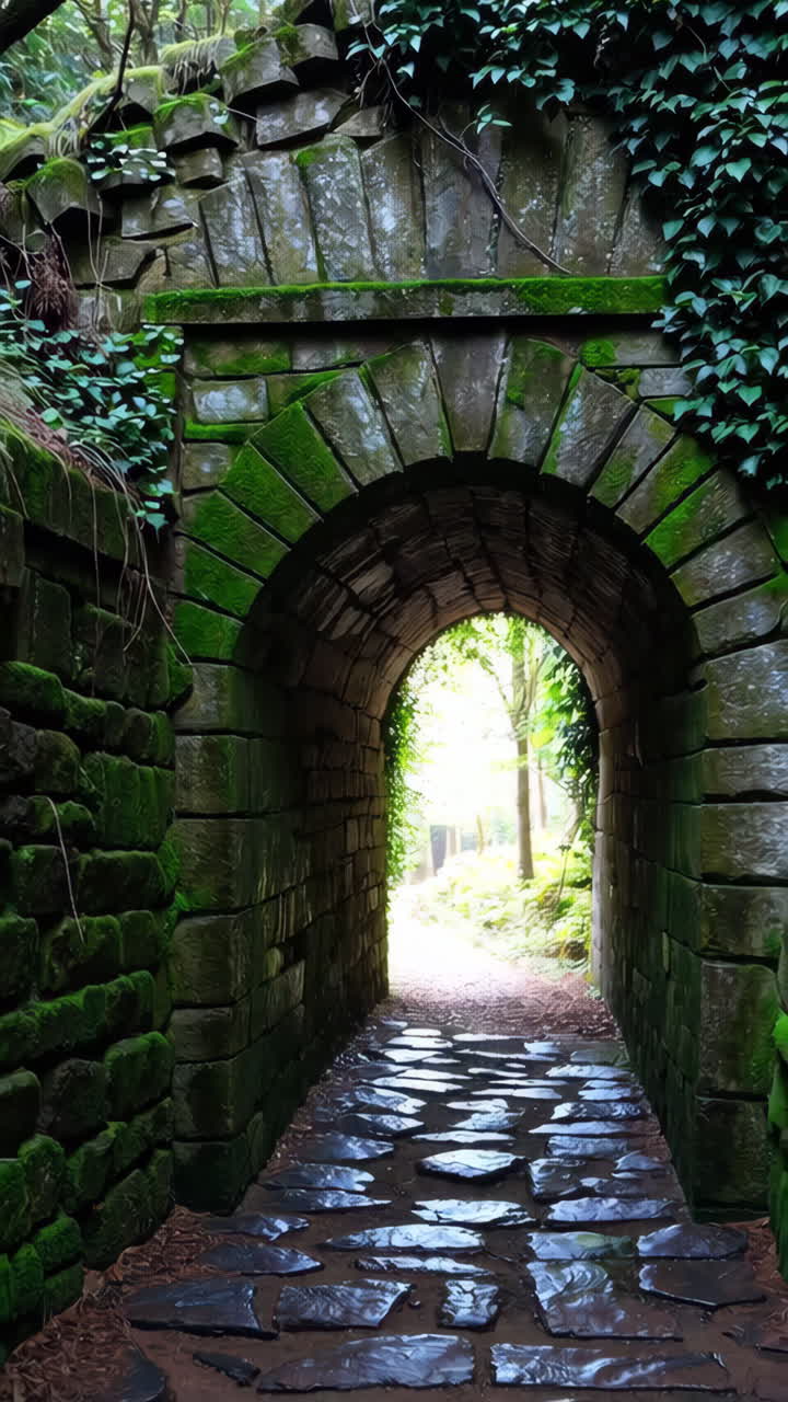 Moss-Covered Stone Archway Leading to a Bright Forest Path
