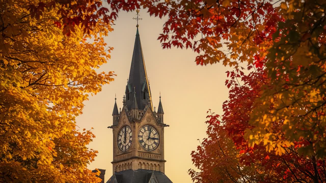 A Majestic Clock Tower Surrounded by Fiery Autumn Foliage, Capturing the Beauty of Fall with Vibrant Colors and a Clear Sky at Sunset