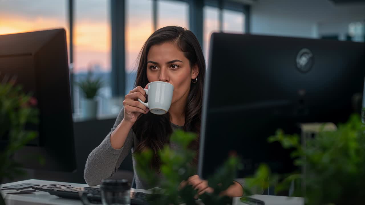 Mulher em escritório, digitando em monitores, olhando para a esquerda e pegando uma caneca, bebendo para se concentrar.