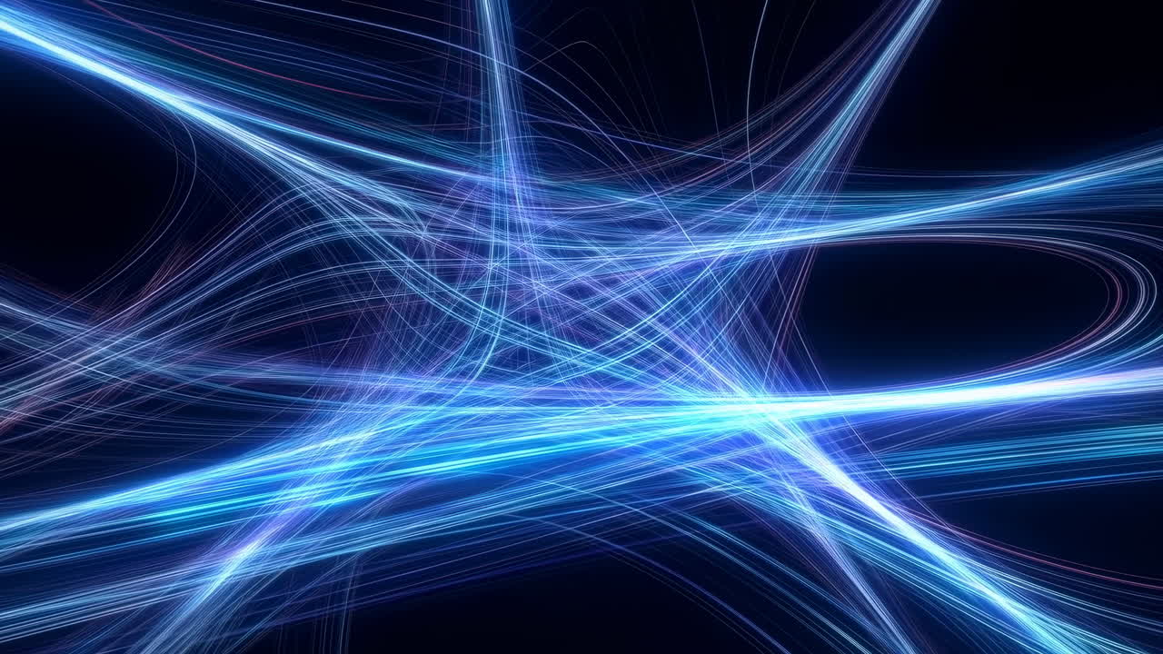 Abstract Blue Light Trails Moving and Intersecting on Black Background