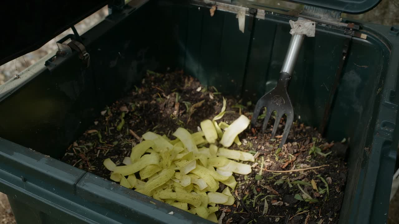 Persona fuori campo che getta bucce di banana in un contenitore verde per il compost nel giardino; si vede una forchetta.