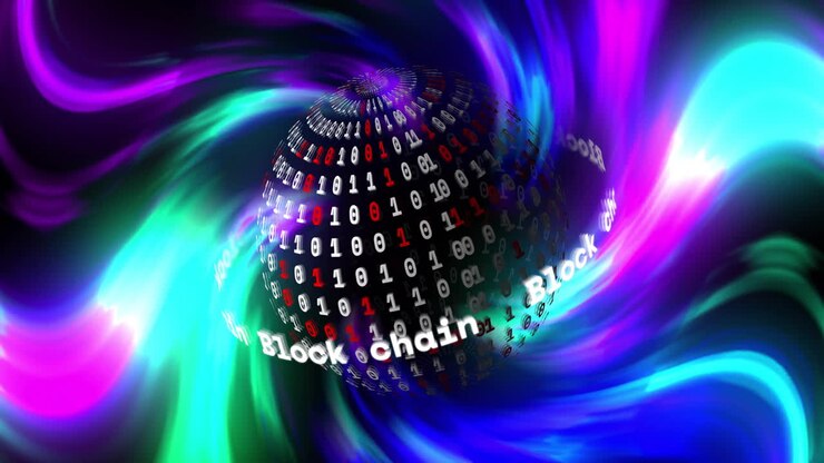 Animation of globe with block chain binary coding over light trails background