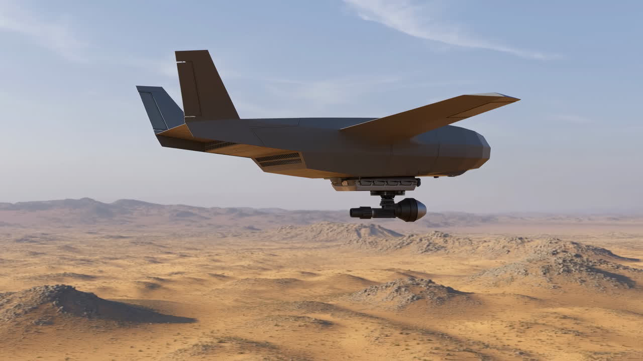 Drone armato che sorvola il deserto, UAV ad ala fissa a bassa quota che trasporta munizioni di precisione, immerso nella luce dorata.