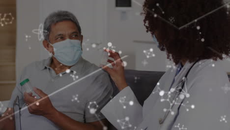 animation of molecules over diverse doctor and patient talking and holding medicines