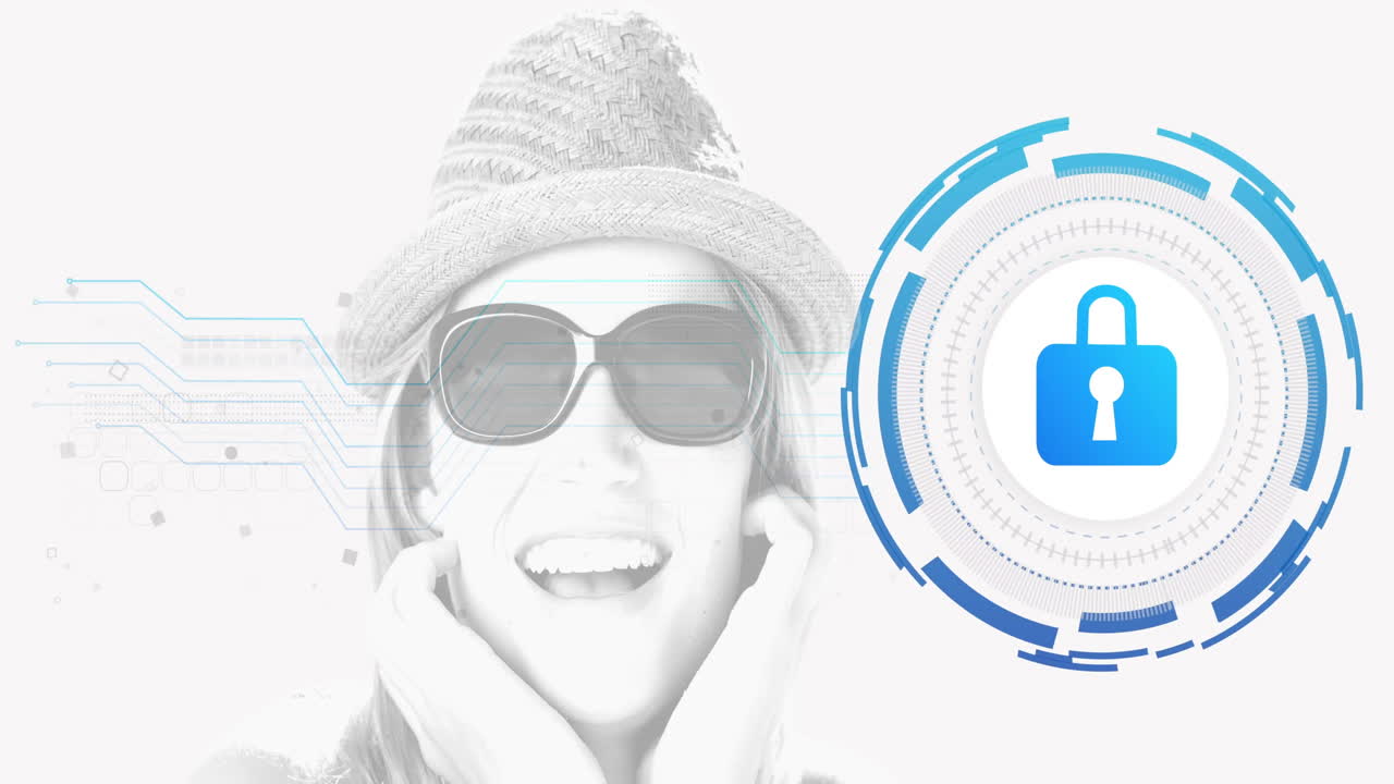 Smiling person in sunglasses with digital security lock animation overlaid