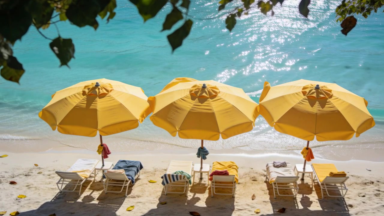 Tre ombrelloni gialli da spiaggia e sedie a sdraio con asciugamani che fanno ombra su una spiaggia tropicale, con la luce del sole che si increspa.