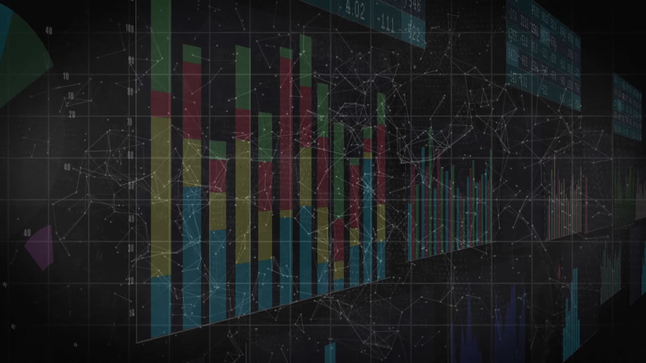 Flat data console showing numeric strings moving over grid, network graphs and bar charts rising